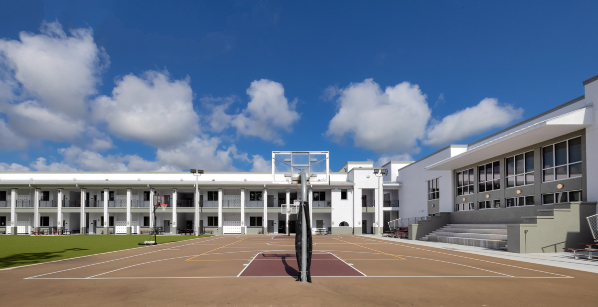 Architectural view of the courtyard at the Somerset Collegiate Preparatory Academy chater hs in Port St Lucie, FL.